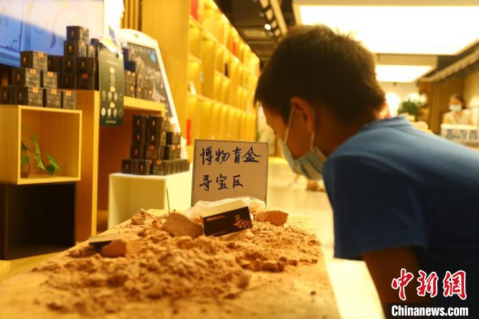 圖為在江西省博物館天工坊，一名小男孩端詳著已經(jīng)拆解完畢的“考古盲盒”現(xiàn)場?！⒄祭?攝