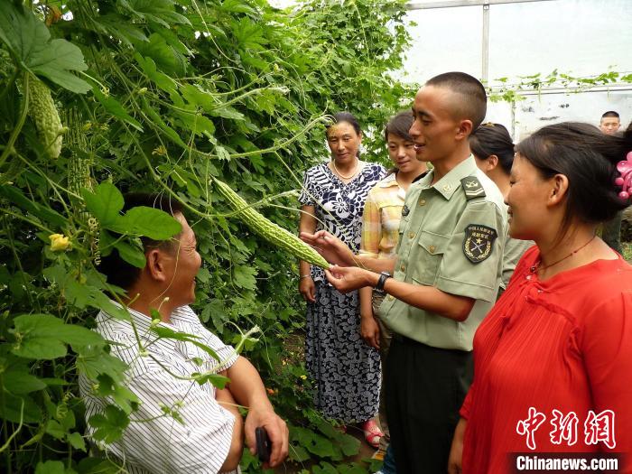 圖為官兵向民眾傳授蔬菜種植技術(shù)?！●R軍 攝