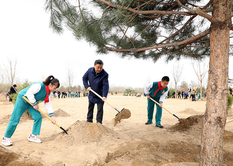 　2022年3月30日，習(xí)近平等黨和國家領(lǐng)導(dǎo)人來到北京市大興區(qū)黃村鎮(zhèn)參加首都義務(wù)植樹活動。這是習(xí)近平同大家一起植樹。