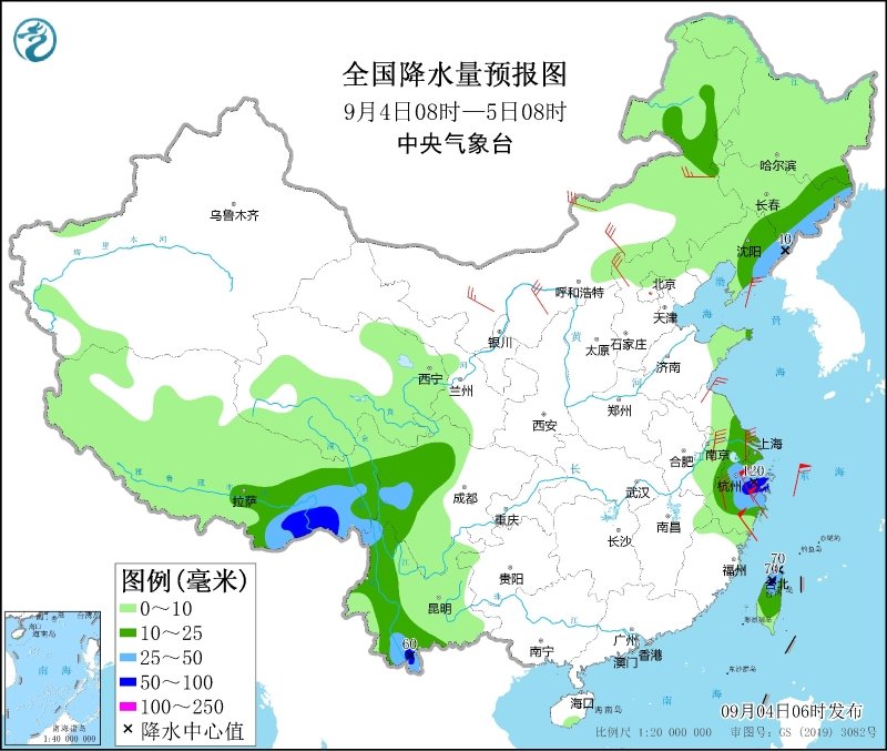 全國降水量預(yù)報圖(9月4日08時-5日08時)