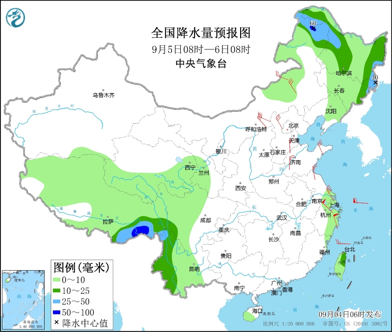 全國降水量預(yù)報圖(9月5日08時-6日08時)