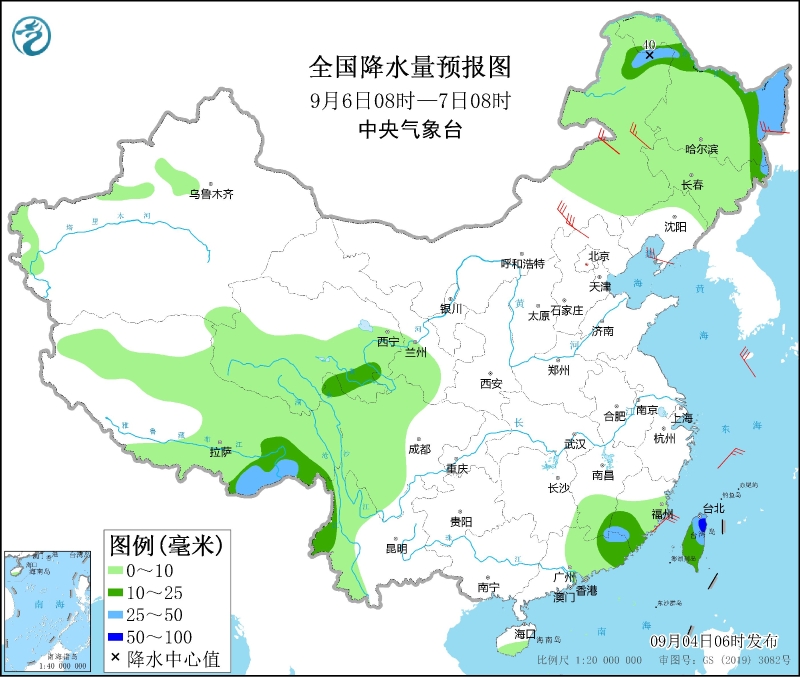 全國降水量預(yù)報圖(9月6日08時-7日08時)