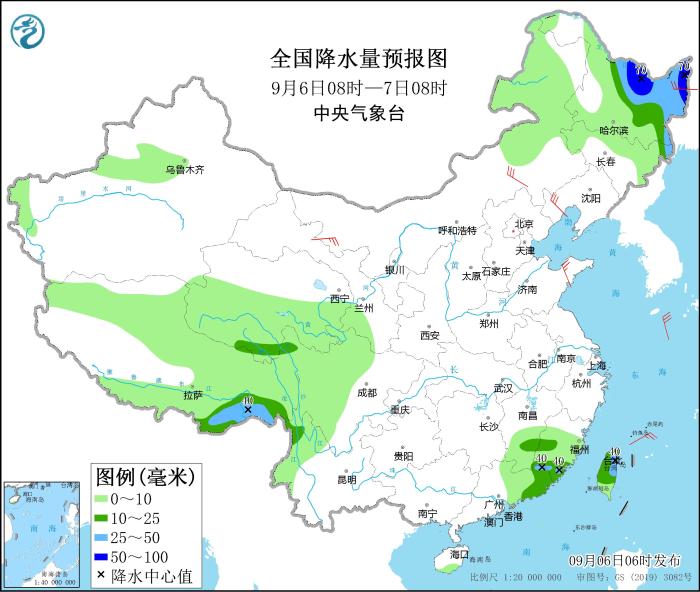 圖1 全國(guó)降水量預(yù)報(bào)圖(9月6日08時(shí)-7日08時(shí))