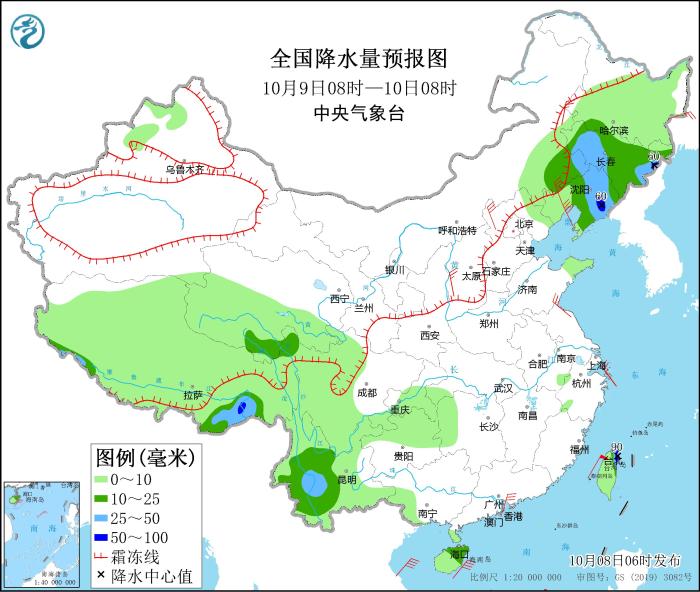 全國降水量預(yù)報(bào)圖(10月9日08時-10日08時)