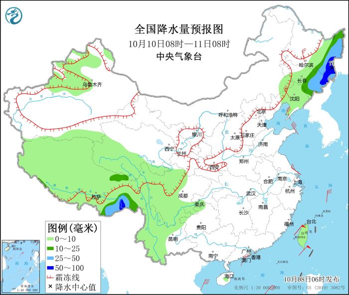 全國降水量預(yù)報(bào)圖(10月10日08時-11日08時)