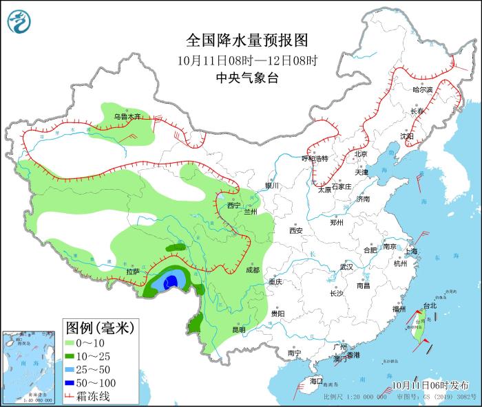 全國降水量預(yù)報圖(10月11日08時-12日08時)