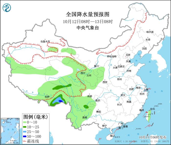 全國降水量預(yù)報圖(10月12日08時-13日08時)