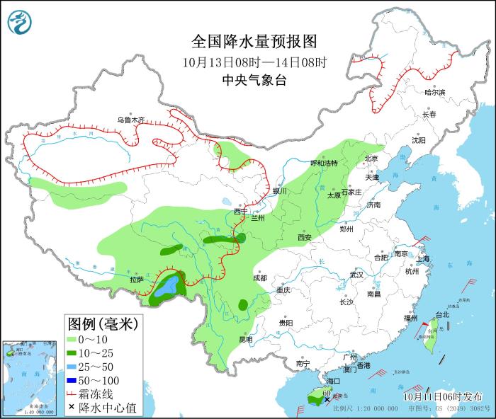 全國降水量預(yù)報圖(10月13日08時-14日08時)