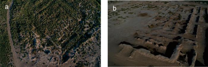 遺址航拍影像：a)Djarkutan神廟遺址；b)Sapalli遺址。　 陳冠翰 供圖