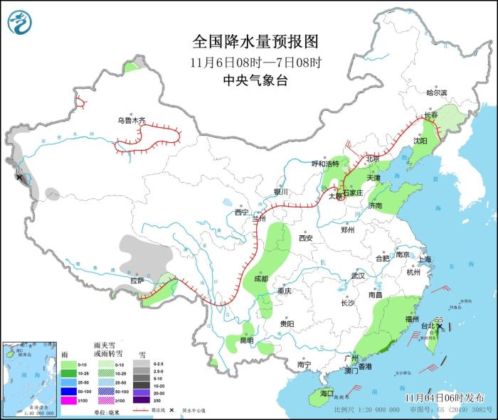 全國降水量預(yù)報圖(11月6日08時-7日08時)