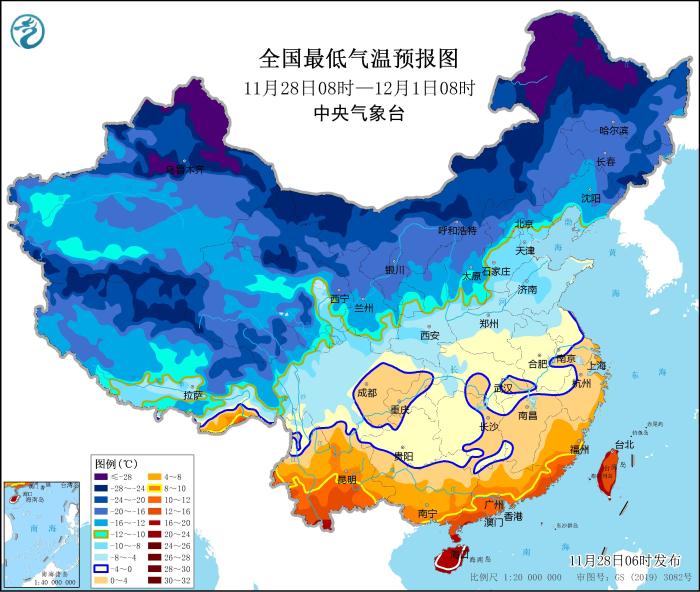 圖2 全國最低氣溫預(yù)報(bào)圖(11月28日08時(shí)-12月1日08時(shí))