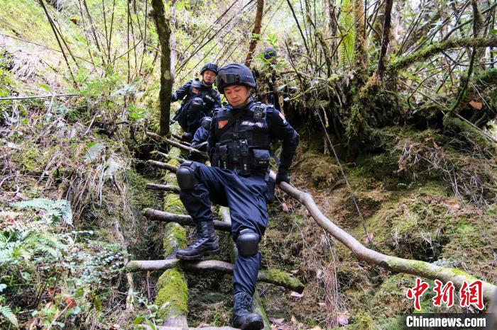 4月9日，拉郊邊境派出所移民管理警察在邊境地區(qū)原始森林進(jìn)行戍邊巡邏?！〗w波 攝