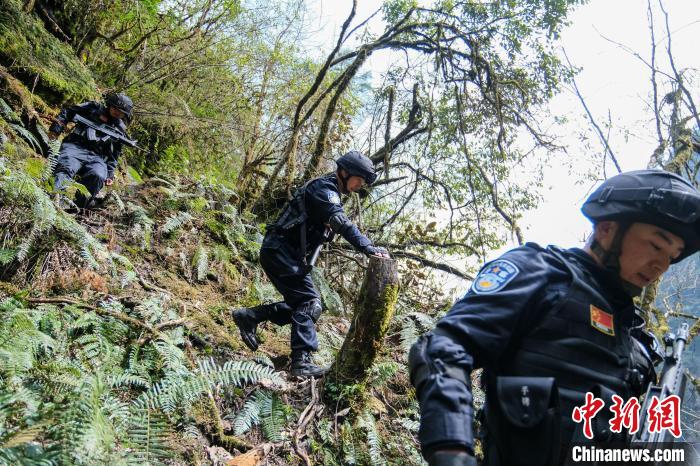 4月9日，拉郊邊境派出所移民管理警察在邊境地區(qū)原始森林進(jìn)行戍邊巡邏?！〗w波 攝