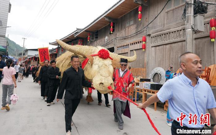 5月27日，在廣西龍勝各族自治縣馬堤鄉(xiāng)，當(dāng)?shù)孛缱迕癖姞恐芭Ｍ酢毖灿??！№f吉陽(yáng) 攝