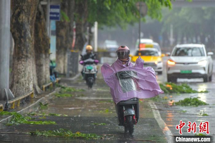 圖為海口市民冒雨出行。　駱云飛 攝