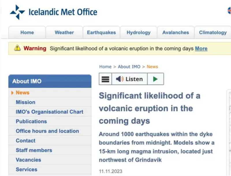 冰島氣象局警告未來(lái)幾天火山噴發(fā)可能性極大。冰島氣象局網(wǎng)站截圖