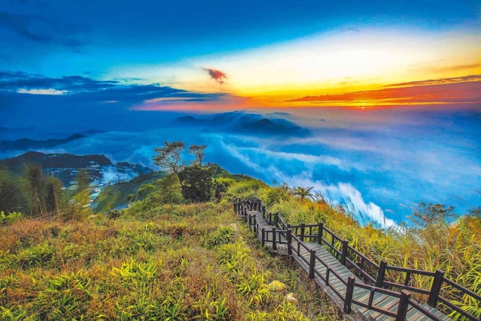 「二延平步道」以夕照、雲(yún)海、茶園融合絕美大景廣為人知，是攝影玩家取景祕境。（圖／阿里山國家風(fēng)景區(qū)管理處提供）


